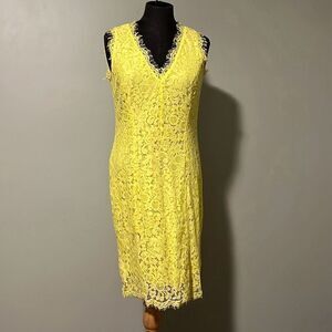 H&M Women's Yellow Sleeveless Zip V-Neck Lace Floral Sheath Dress Small